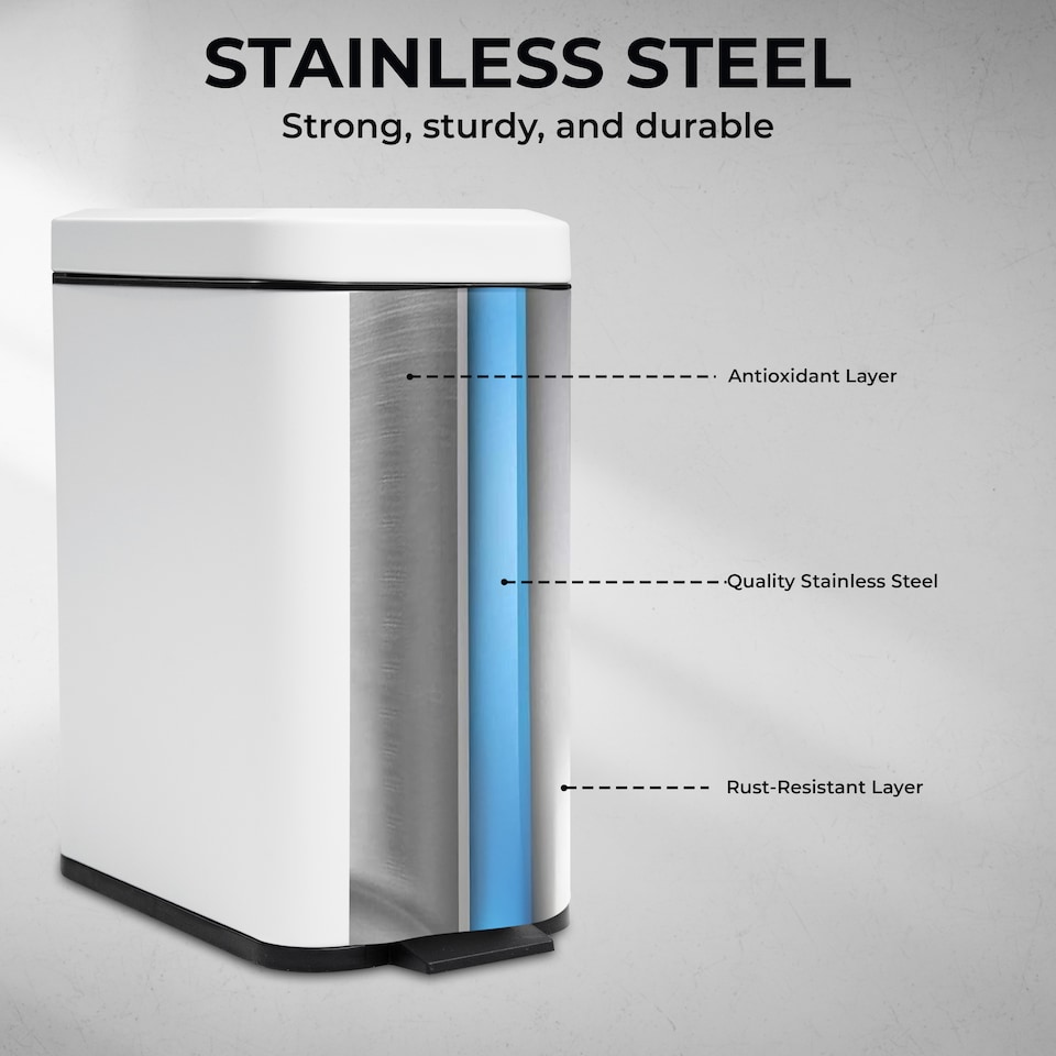 image 1 of 5L BATHROOM SLIM KITCHEN PEDAL RECTANGULAR BIN WASTE WITH SOFT CLOSING LID WHITE | White