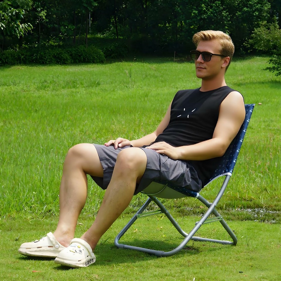 image 1 of Gr8 Garden Adult Blue Folding Beach Chair Portable Metal Garden Patio Fishing Camping Seat