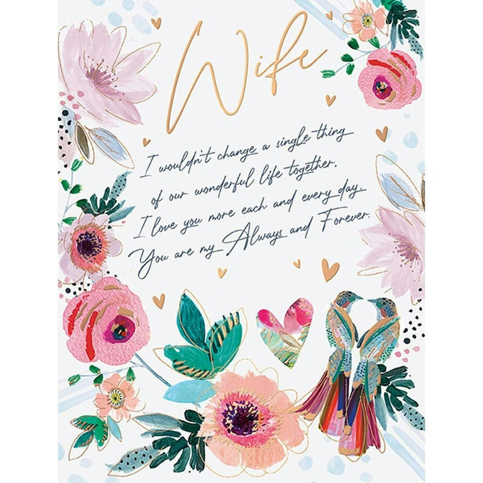 Words 'n' Wishes Wife Birthday Card - Floral and Text with Embossed Foil Details - Eco-Friendly