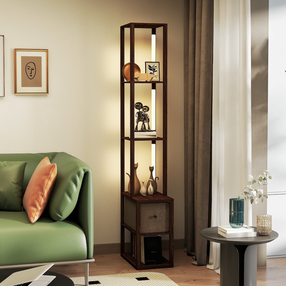 image 1 of HOMCOM Floor Lamp with Shelves, LED Column Modern Standing Lamp with Fabric Drawer, Adjustable Brightness, Foot Switch for Living Room, Bedroom, Office, Dark Brown | Brown