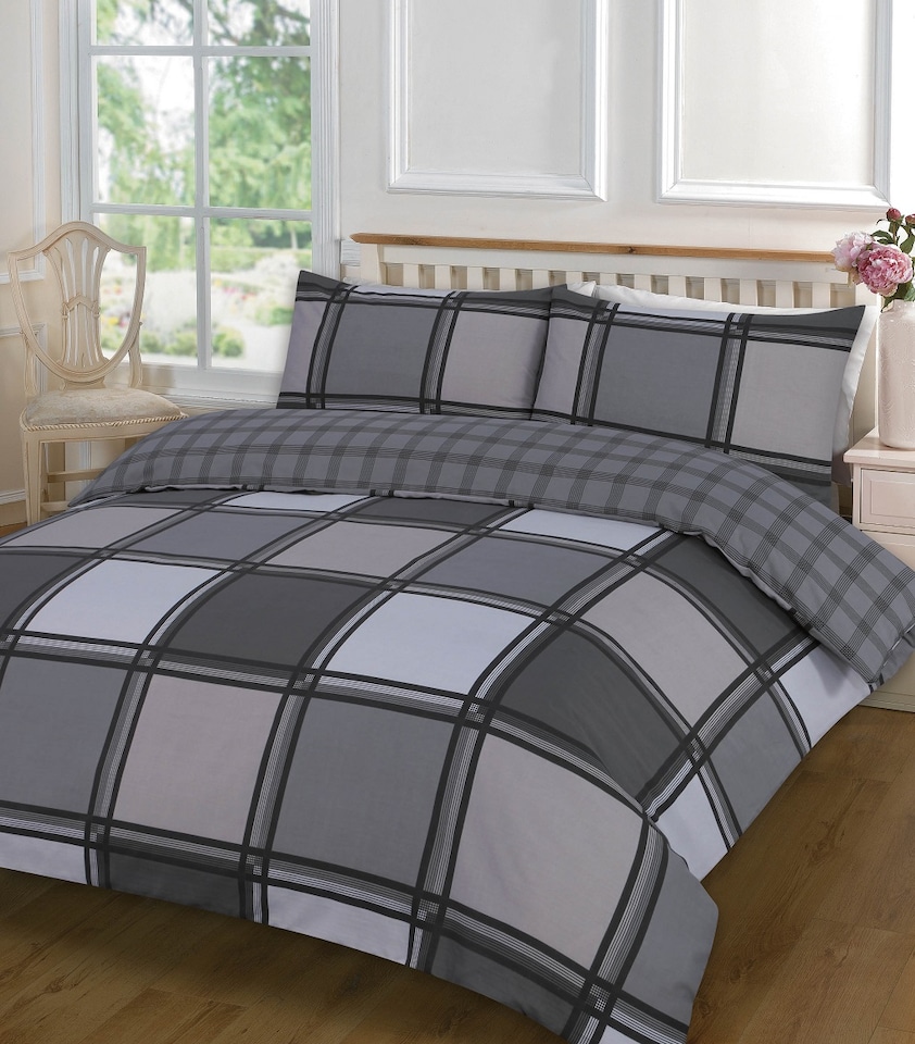 image 1 of Homes Linen Duvet Cover Set Luxury Blocks Black Logan Easy Care Reversible Check Printed Duvet Cover Set | Black | King