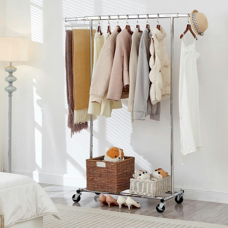 image 1 of Heavy Duty Chrome Clothes Rail Adjustable Width Height with Shelf Locking Wheels Chrome | One Size