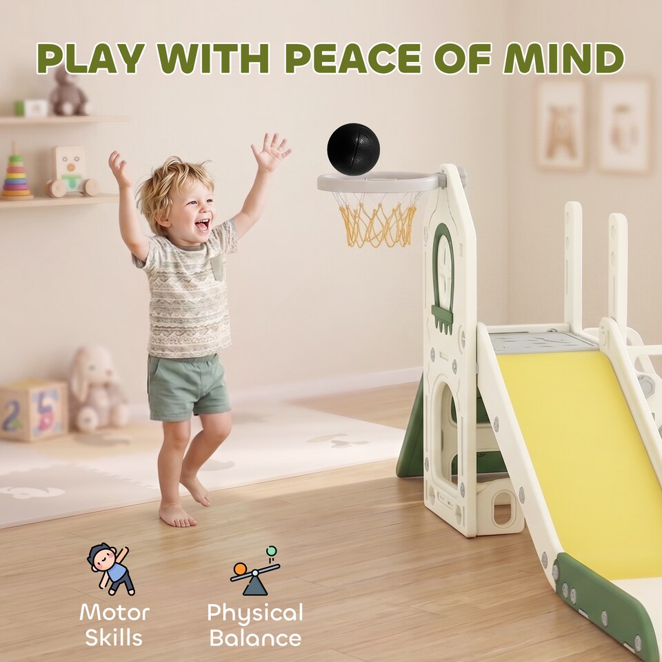 image 1 of AIYAPLAY Foldable 5 in 1 Kids Slide with Climber and Basketball Hoop, Cream