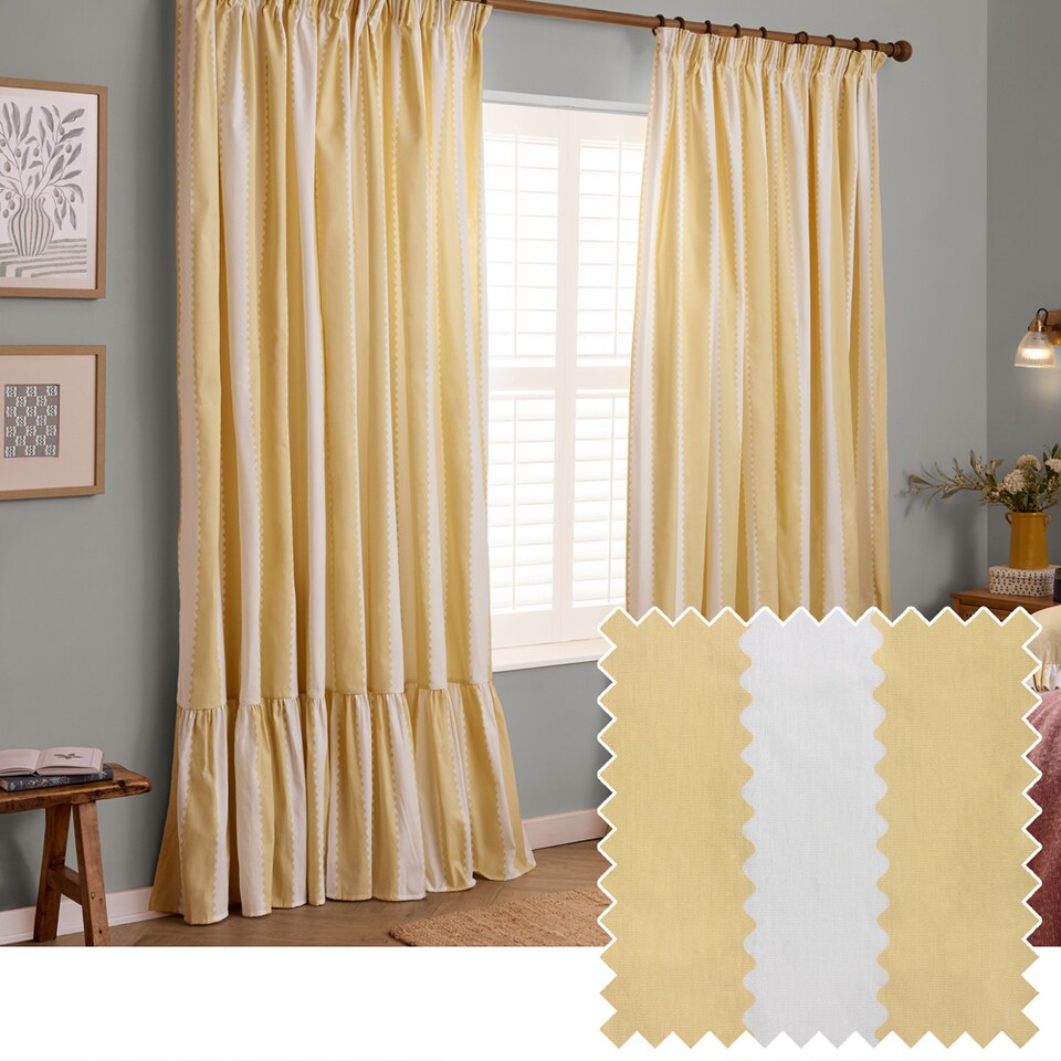 image 1 of Furn Birdie Stripe Fully Lined Ruffle Pencil Pleat Curtain Pair, Butter Yellow, (W) 117cm x (D) 183cm