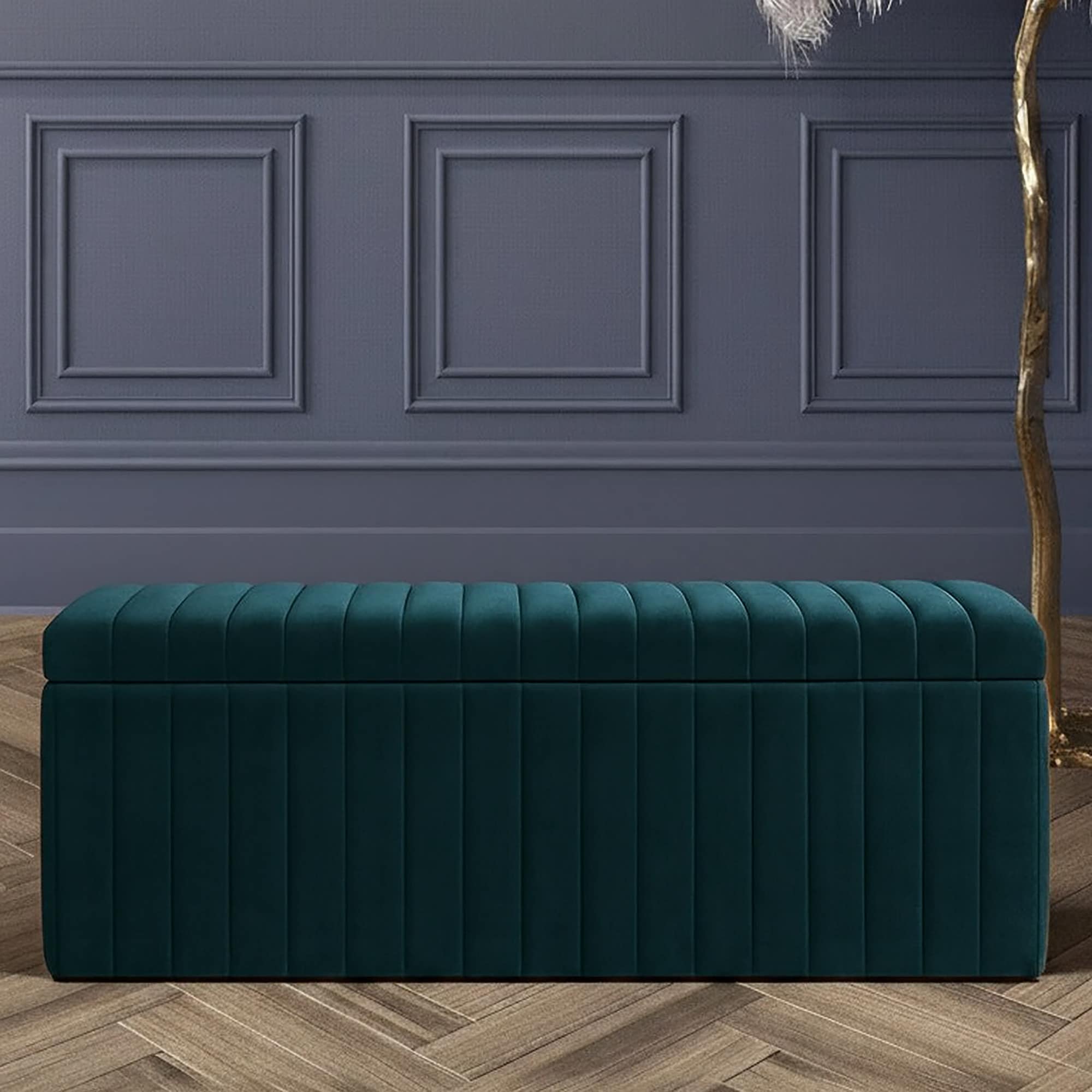 150cm Wide Lux Ottoman Storage Box, Emerald Green Velvet Upholstered Full Striped Storage Ottoman Box