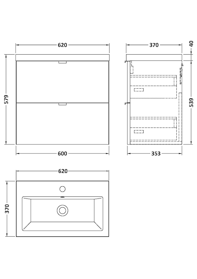 image 1 of Balterley Alrewas Contemporary 2 Drawer Wall Hung Vanity Unit with Basin, Gloss Grey, 600mm