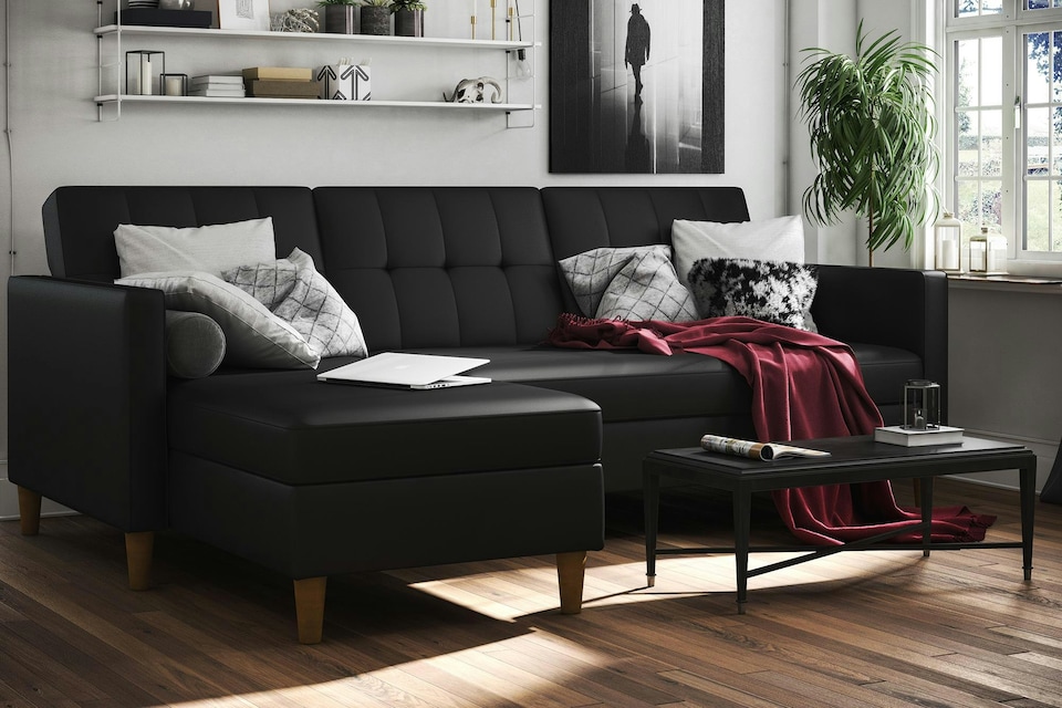 image 1 of Hartford sectional sofa bed in pu black | Black | BLACK | Three Seater