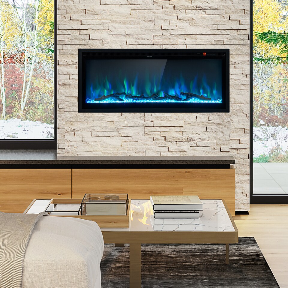 image 1 of COSTWAY Electric Fireplace Linear Fireplace Insert Black
