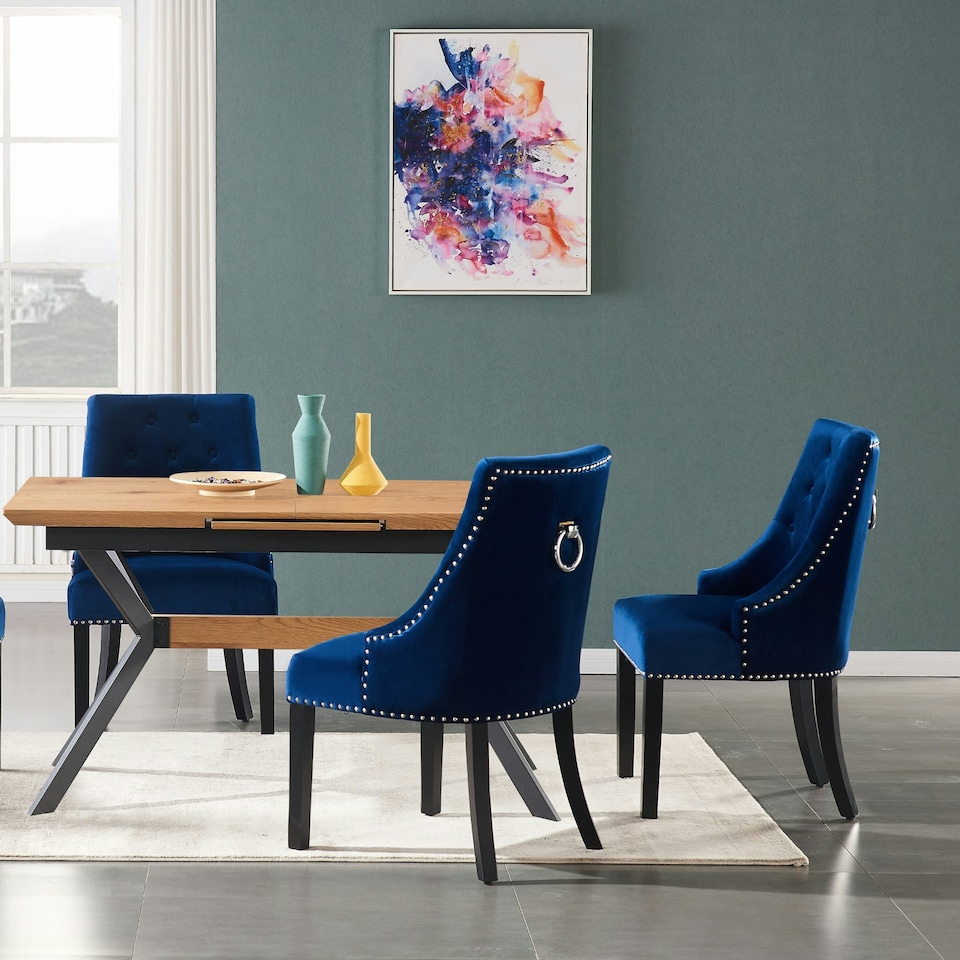image 1 of Set of 4 Velvet Dining Chairs Ergonomic Scoop Knockerback & Button Tufted Wood Legs Blue