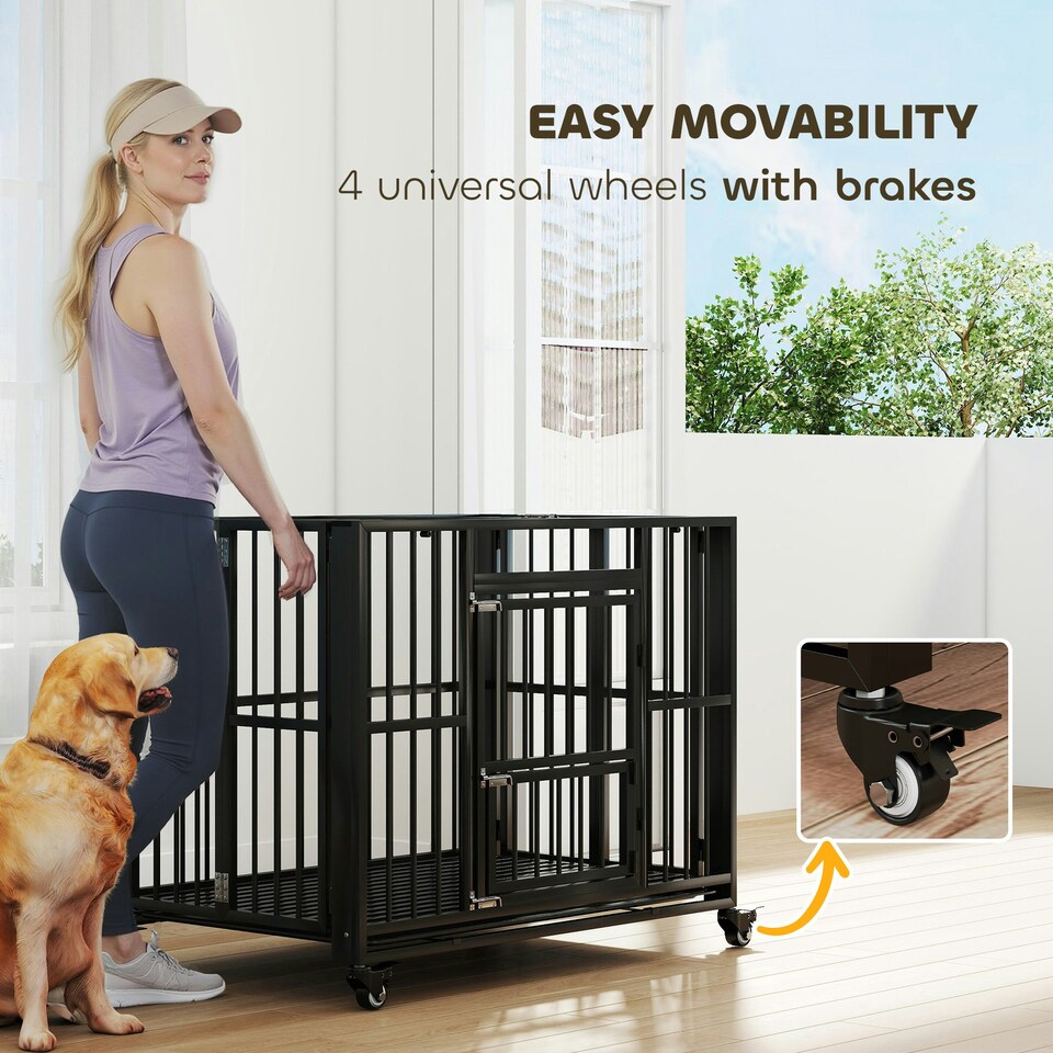 image 1 of PawHut 43" Foldable Heavy Duty Dog Crate w/ Locks, Removable Tray, Wheels