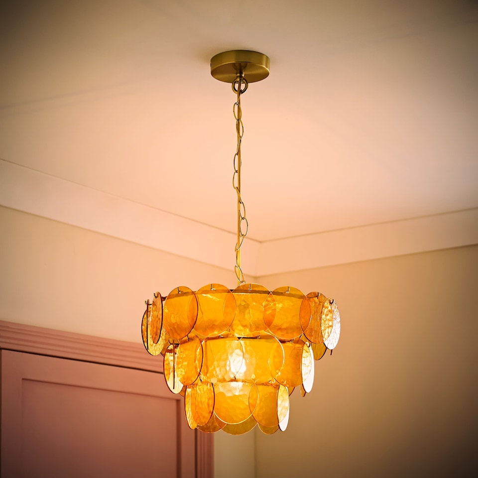 image 1 of ValueLights Juliette Orange 3 Tier Glass Disc Chandelier | Orange