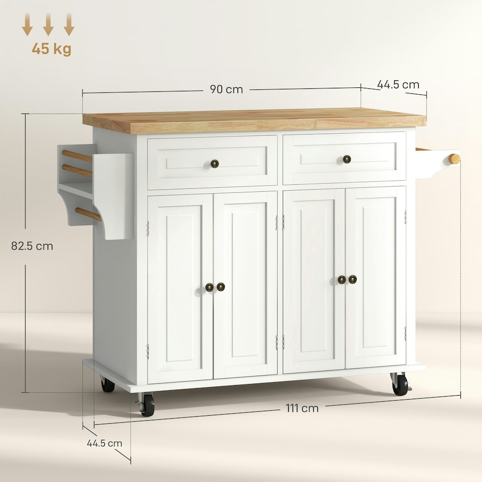 image 1 of HOMCOM Rolling Kitchen Island Cart with Rubber Wood Top, Spices Cream White