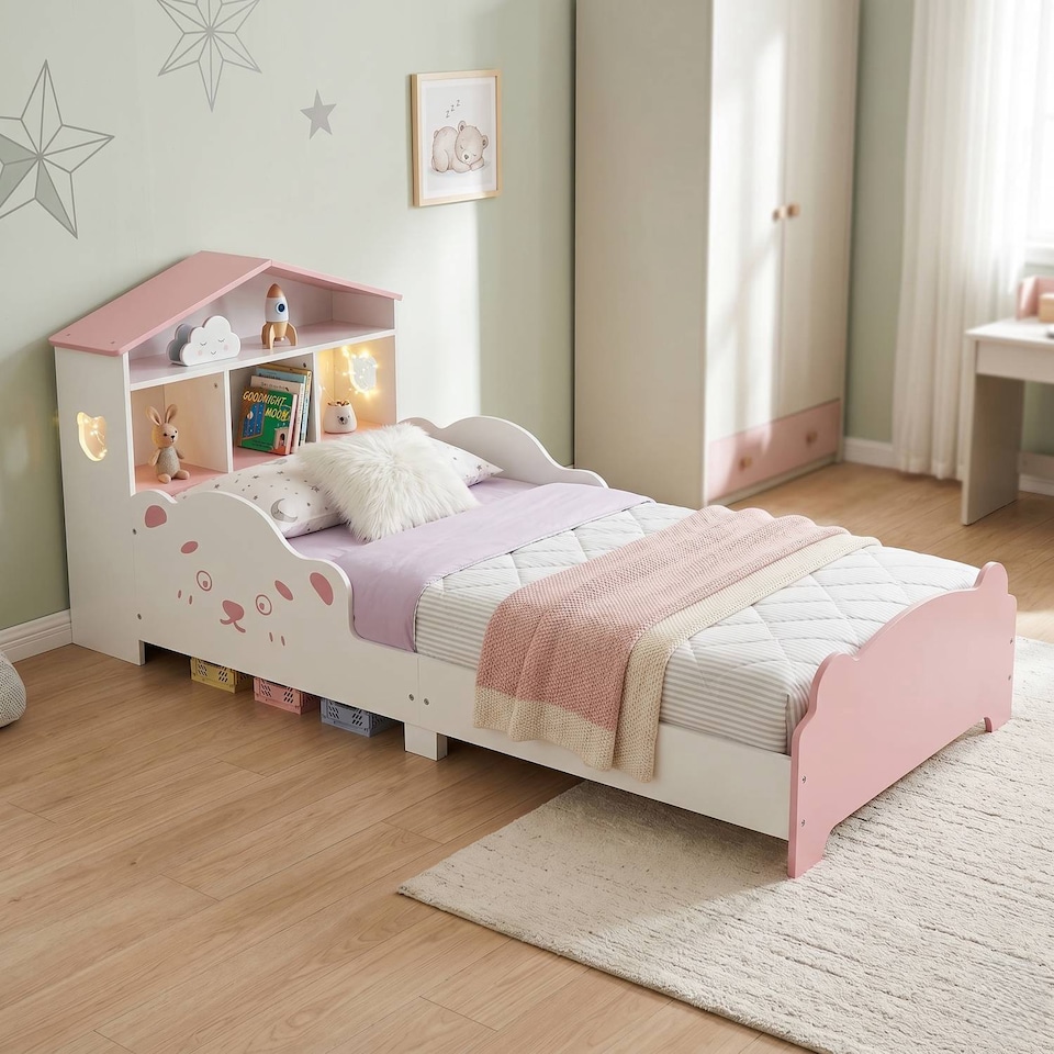 image 1 of TOTO Wooden Toddler Bed w/ Integrated Bookshelf Storage Junior Kids Frame - White