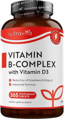 Nutravita Vitamin B Complex High Potency - 8 Vitamins B1-B2-B3-B5-B6-B12, Biotin, Folic Acid & VIT D3 - 365 Micro Tablets - 1 Full Year Supply