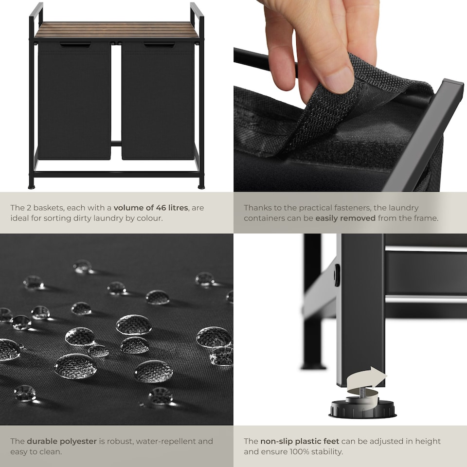 image 1 of Dual Laundry Basket - 2 pull out compartments, wooden folding shelf and high capacity | Black | black/brown | 46 L | 1