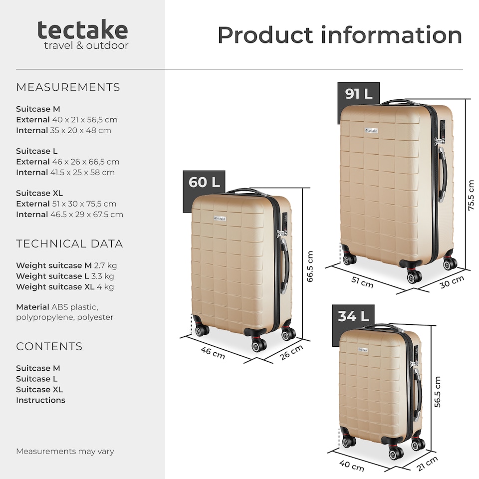 image 1 of Suitcase Set - 3 hard-shell suitcases with telescopic handle, removable wheels | Cream | champagne | 1