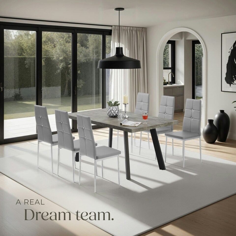 image 1 of Dining Chair Set - high backrest, slim steel legs & rhinestone highlights - Set of 6 Grey