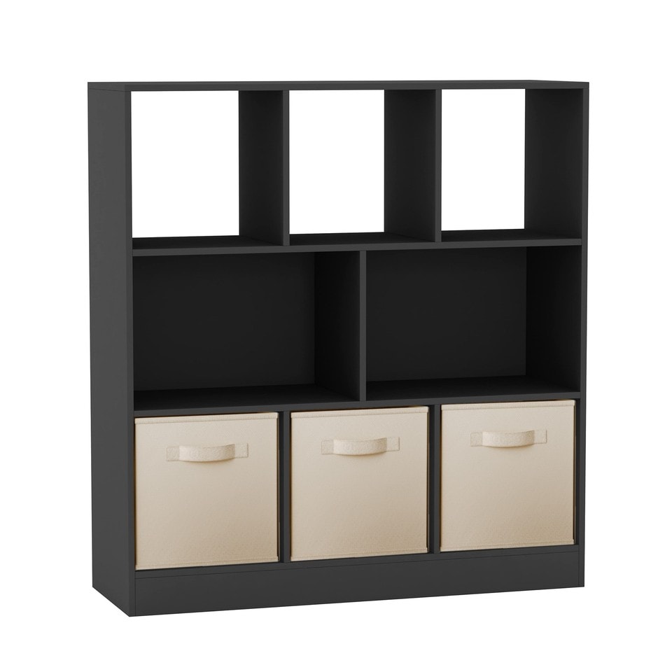 Asymmetrical 8 Black Cube Bookcase Shelf Storage Unit with 3 Fabric Drawer Inserts Multi Black & Cream Drawer 1