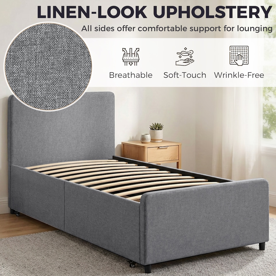 image 1 of HOMCOM 90 x 190 cm Upholstered Single Bed, Pull Out Trundle Bed