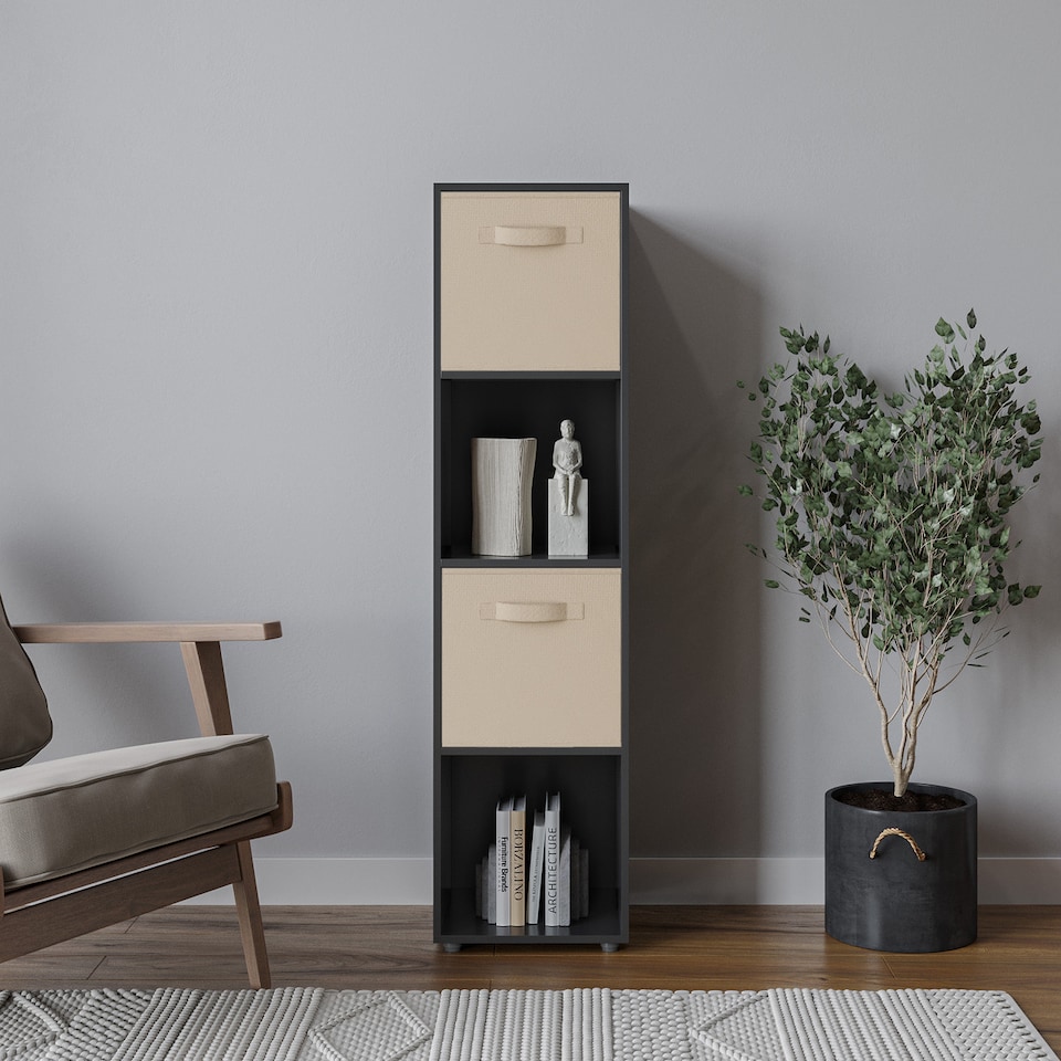 image 1 of 4 -Cube Tall Shelving Unit With Non Woven Inserts | Black | Black & Beige | 1