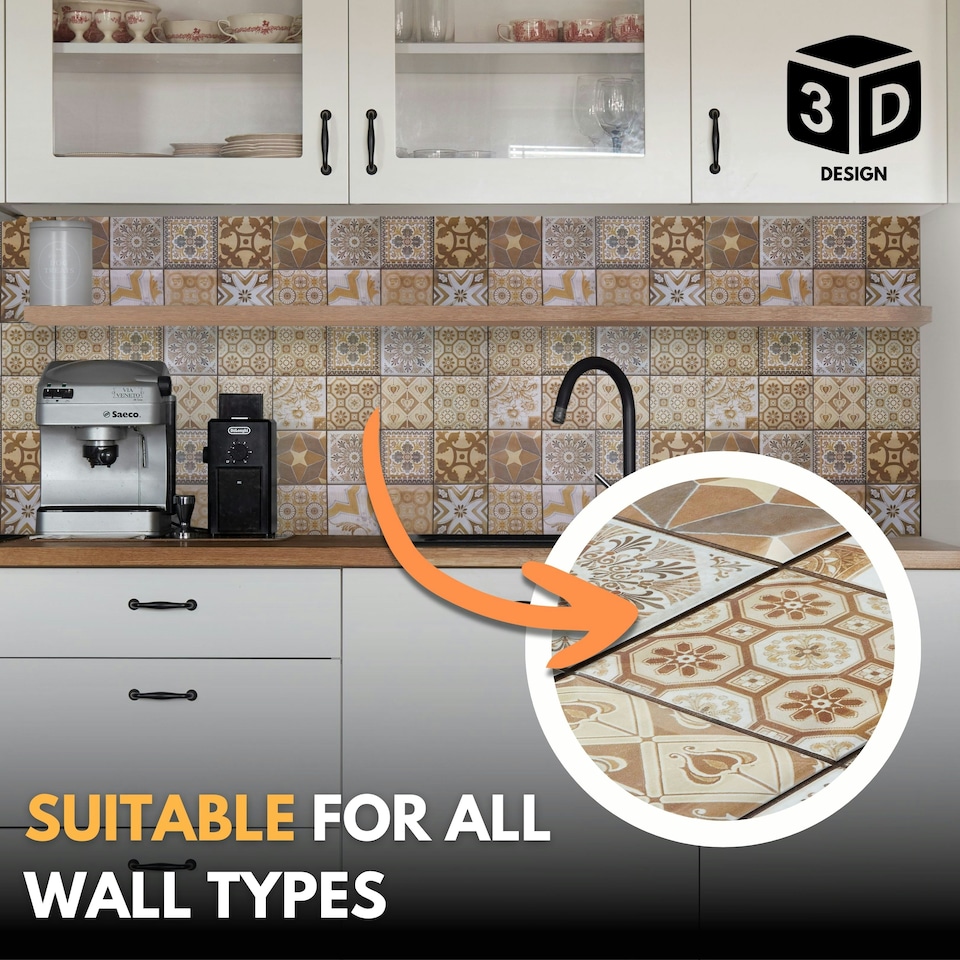 image 1 of NOVECRAFTO 3D Mediterranean Wall Panels – 6 PVC Sheets, Covers 2.76 sqm (29.76 sq ft), 96x48cm Each – Brown & Beige Tile Pattern Decorative Cladding
