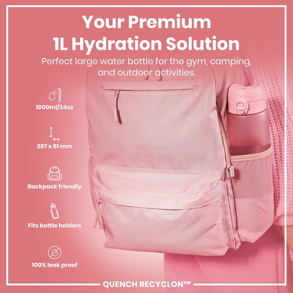 image 1 of Leak Proof 1 Litre Water Bottle, BPA Free, 1000ml (32oz) | Pink | Rose Quartz | 1L