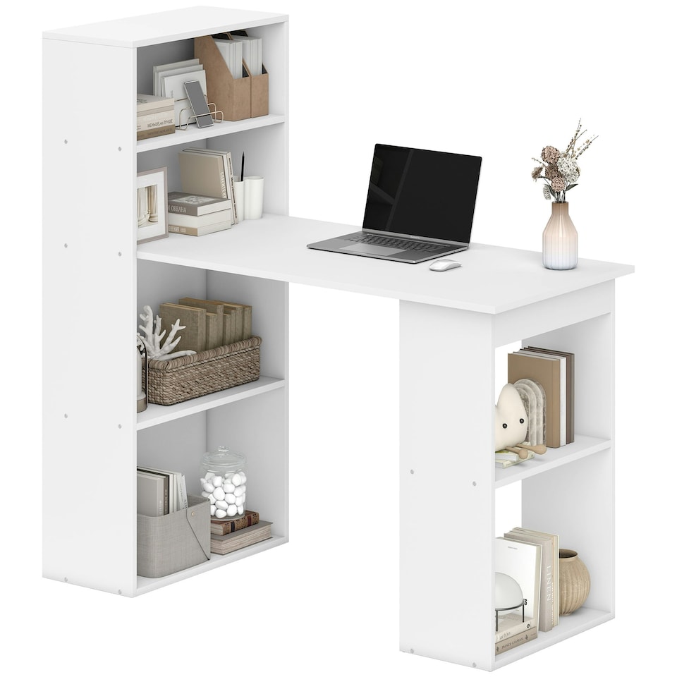 image 1 of HOMCOM 120cm Computer Desk Bookshelf Writing Table 6 Shelves White