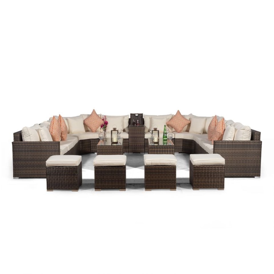 image 1 of Santorini U Shape Modular 10 Seat Rattan Sofa Set With Armrest Drinks Cooler, 2 Coffee Tables & 4 Stools Brown | Ivory