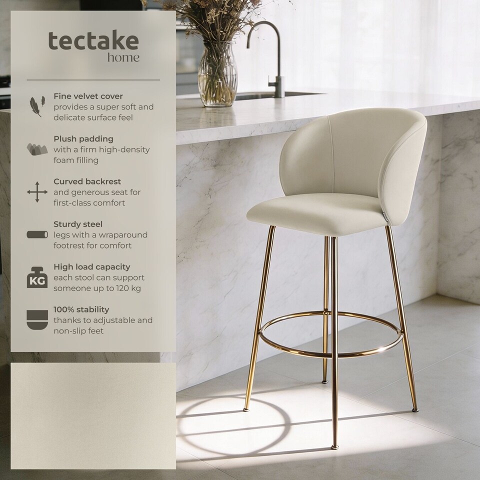 image 1 of Bar Stool Luana - with backrest, velvet look and padded | Cream | cream/gold | 60 x 51 x 106 cm | 2