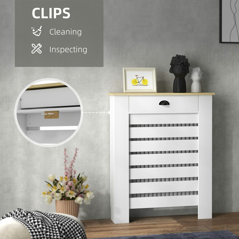 image 1 of HOMCOM Radiator Cover with Drawer, Horizontal Slat, 78cm, White