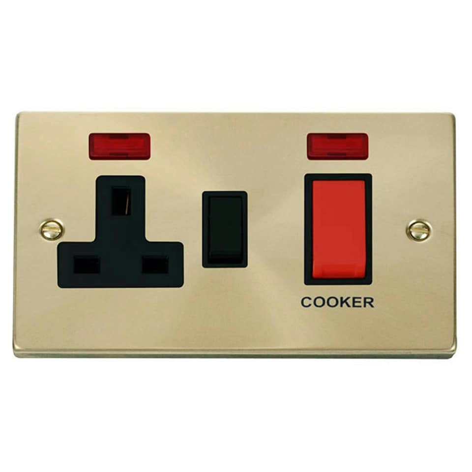 image 1 of SE HOME Satin / Brushed Brass Cooker Control 45A With 13A Switched Plug Socket & 2 Neons Black | Satin Brass