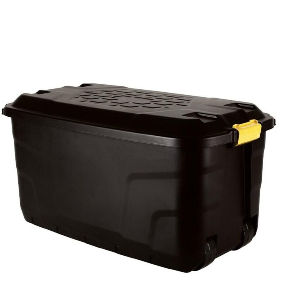 image 1 of 75L Heavy Duty Trunk on Wheels Sturdy, Lockable, Stackable and Nestable Design Storage Chest with Clips in Black