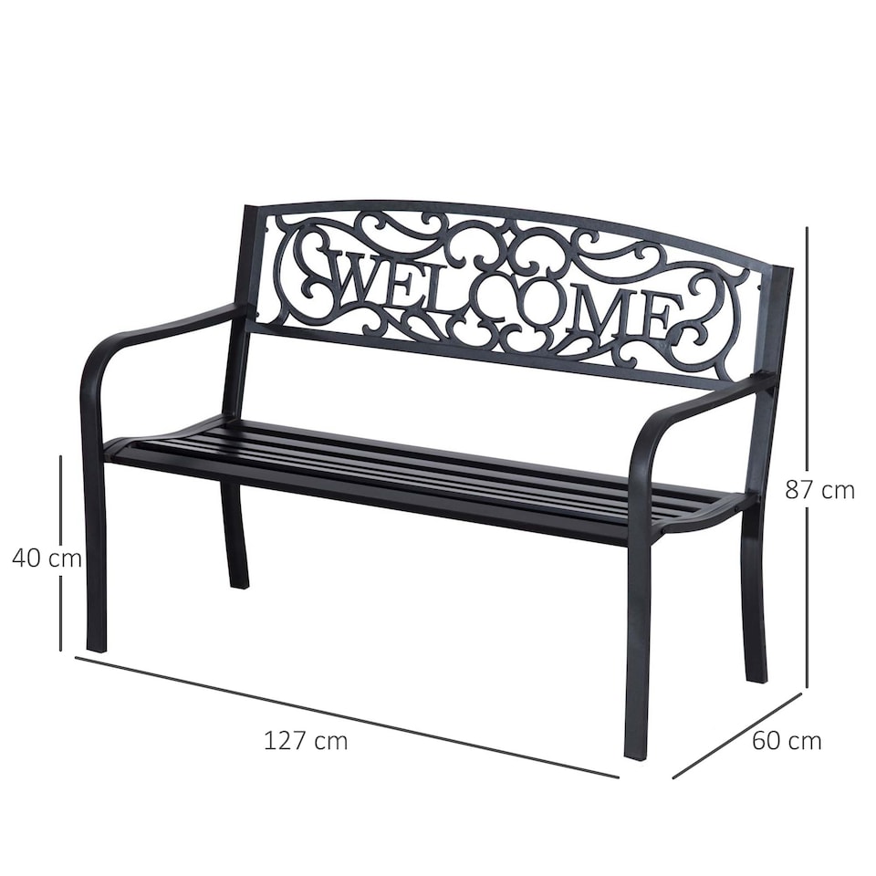 image 1 of Outsunny Garden Bench, Metal Outdoor Bench Seat, 2 Seater Patio Loveseat with Welcome Backrest, Armrests and Slatted Seat, 240 KG Capacity for Park, Porch, Black