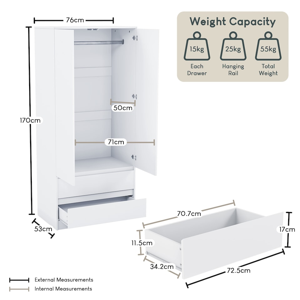 image 1 of Vida Designs Denver 2 Door 2 Drawer Wardrobe With Shelf & Clothes Rail, White