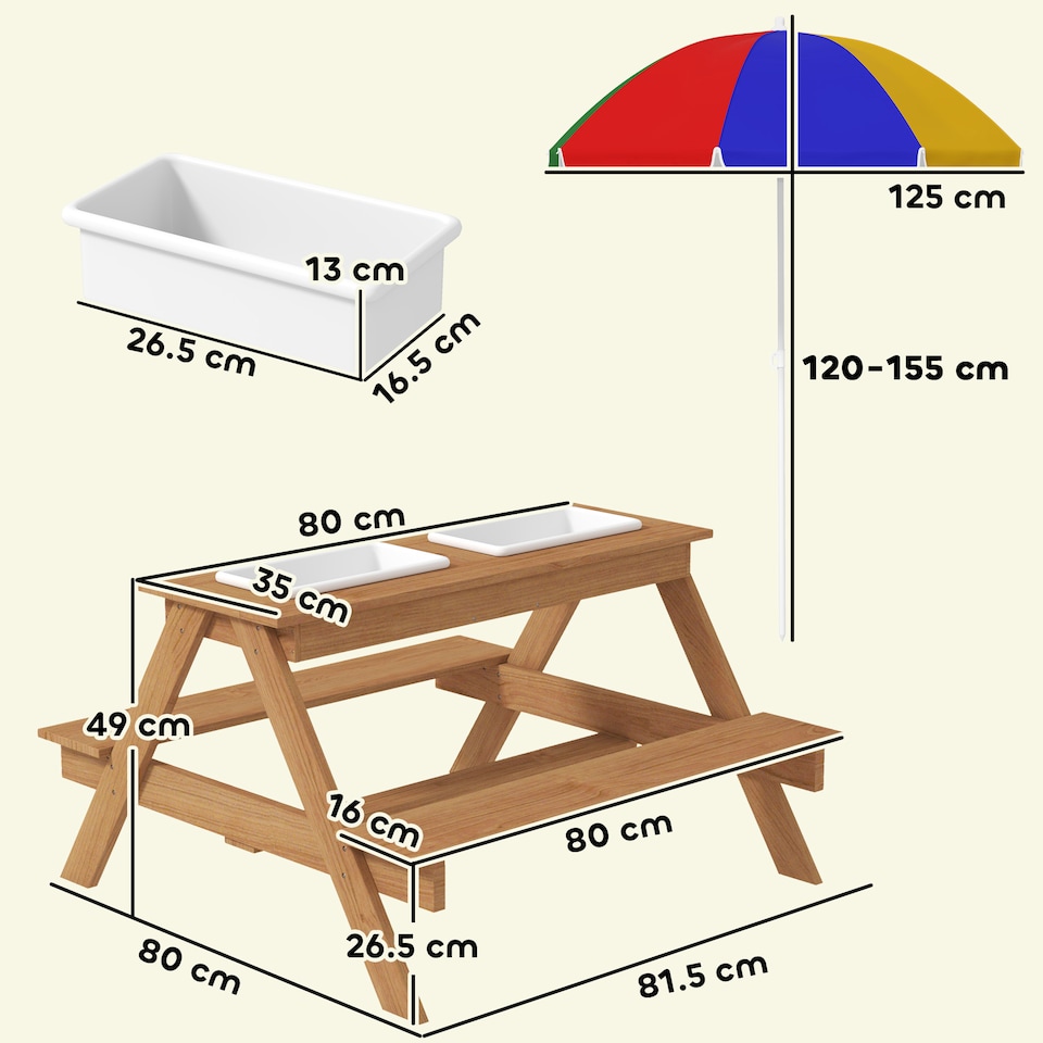 image 1 of AIYAPLAY Wooden Kids Picnic Table, Sand and Water Table w Benches, Parasol | Multi