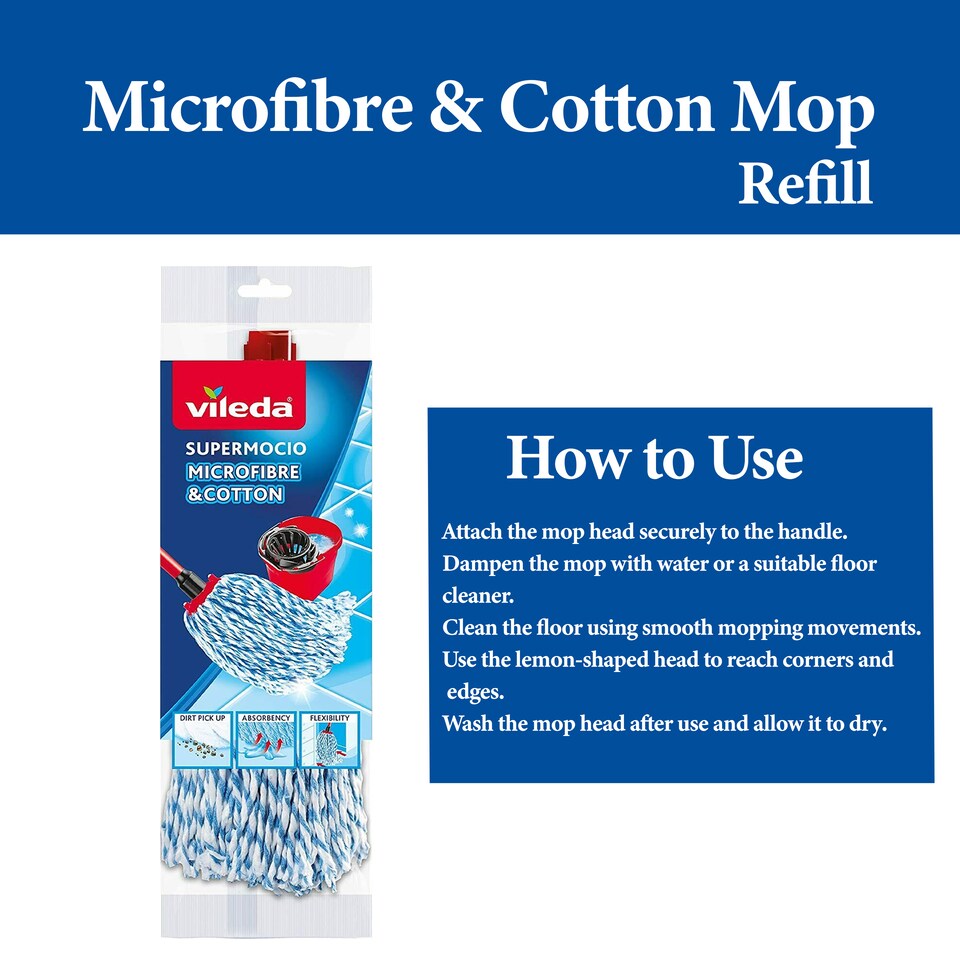 image 1 of Vileda Supermocio Microfiber Cotton Mop Refill Replacement Mop Heads for Corner Cleaning Machine Washable Pack of 2