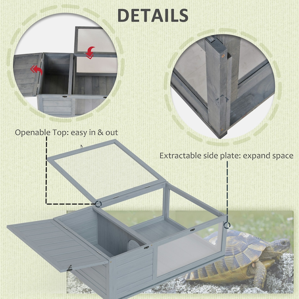 image 1 of PawHut Tortoise House w/ Mesh Roof, Small Pet Reptile Wooden House - Grey