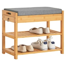 Wooden Shoe Storage Bench With Hidden Drawer & Cushioned Seat Brown