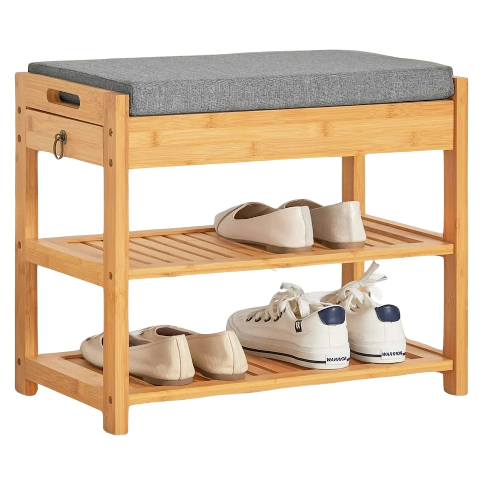 image 1 of Wooden Shoe Storage Bench With Hidden Drawer & Cushioned Seat Brown