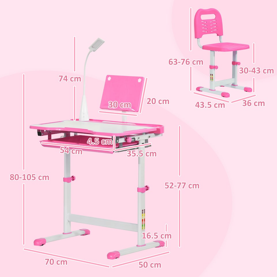 image 1 of HOMCOM Kids Desk and Chair Set, Height Adjustable Study Desk with USB Lamp | Pink