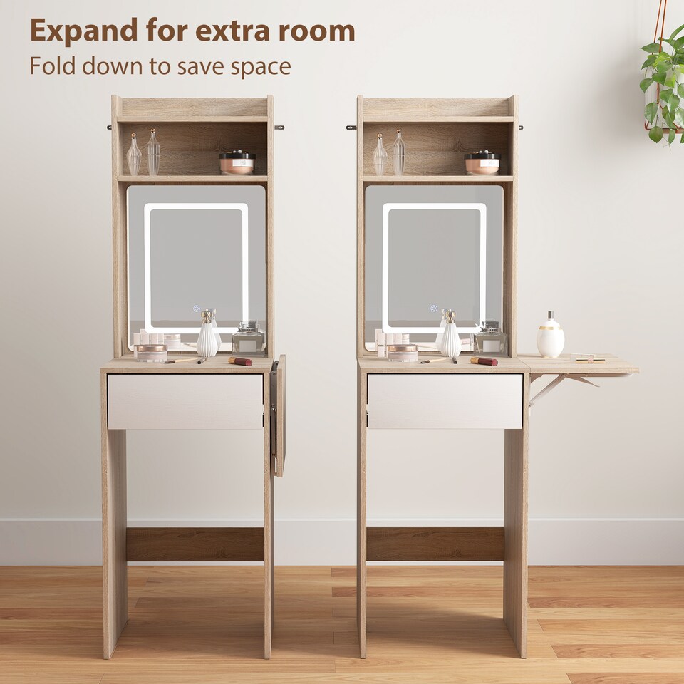 image 1 of HOMCOM Compact Dressing Table with Lighted Mirror Open Shelves Drawer | Brown