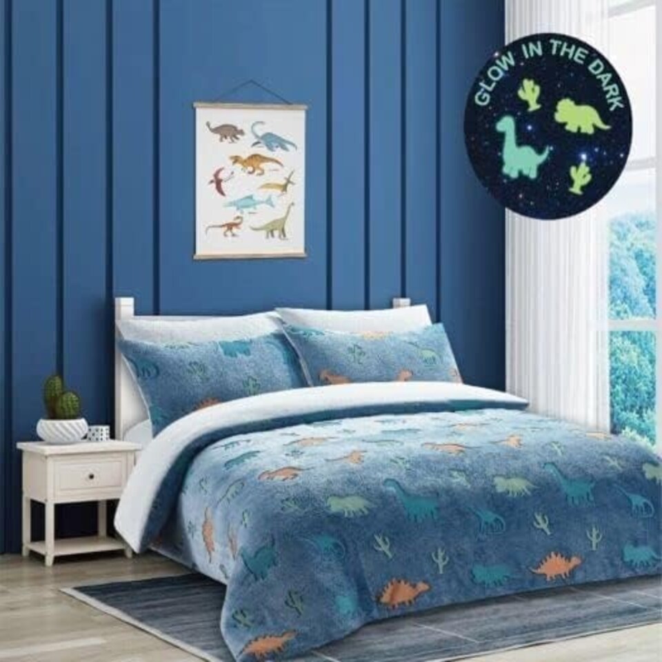 image 1 of Homes-Linen Teddy Duvet Set Dinosaur Glow In The Dark Blue Kids Boys Girls Reversible Soft Feel Fleece Duvet Cover Quilt Bedding Set with Pillowcase Blue | Single