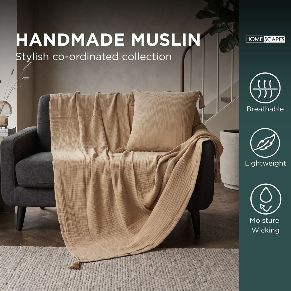 image 1 of Homescapes Pure Handmade Cotton Muslin Bed Throw Blanket - 127 x 180 cm