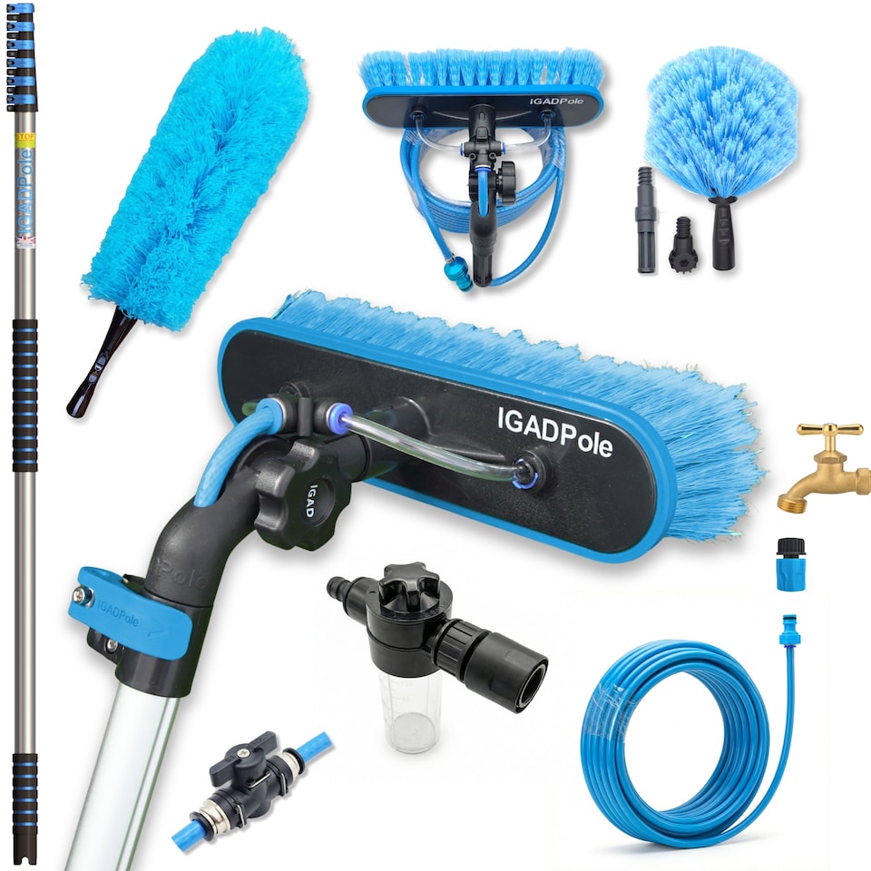 image 1 of IGADPole 9m (30ft) Water-Fed Pole Cleaning Kit – Includes Water-fed Brush, Cobweb & Microfibre Duster, Soap Dispenser & Hose Tap