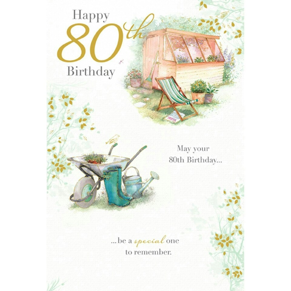 Words 'n' Wishes 80th Birthday Greeting Card, Happy 80th Birthday, Artistic design, Garden Shed, Tools, Foil Finish