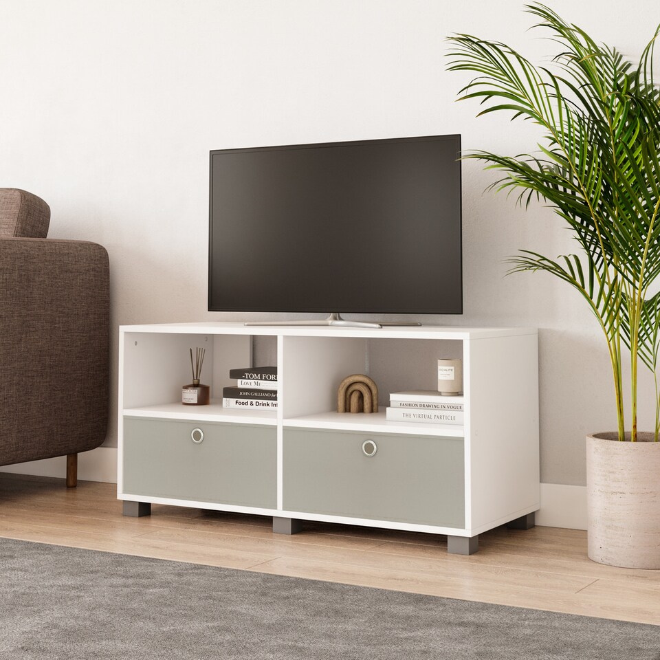 image 1 of Black TV Stand with 2 Drawers | White | White & Beige | 1