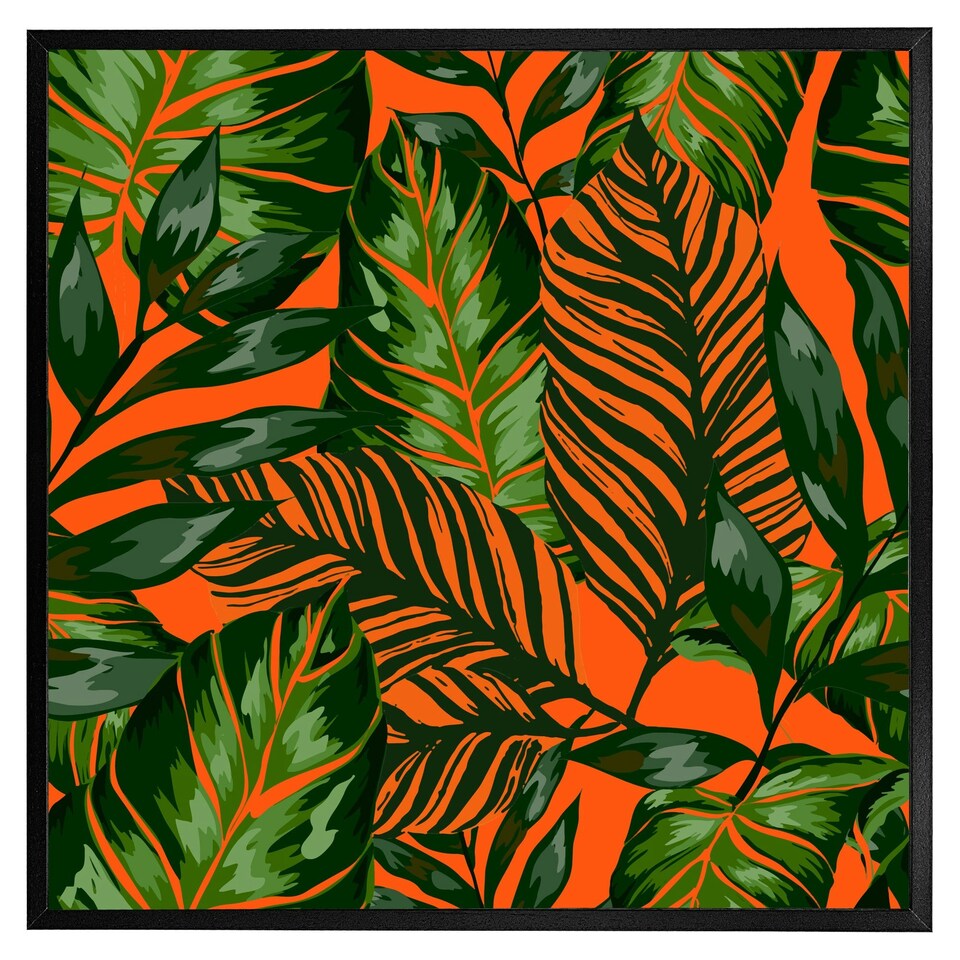 image 1 of Green tropical leaves on orange (Picutre Frame) White | XS