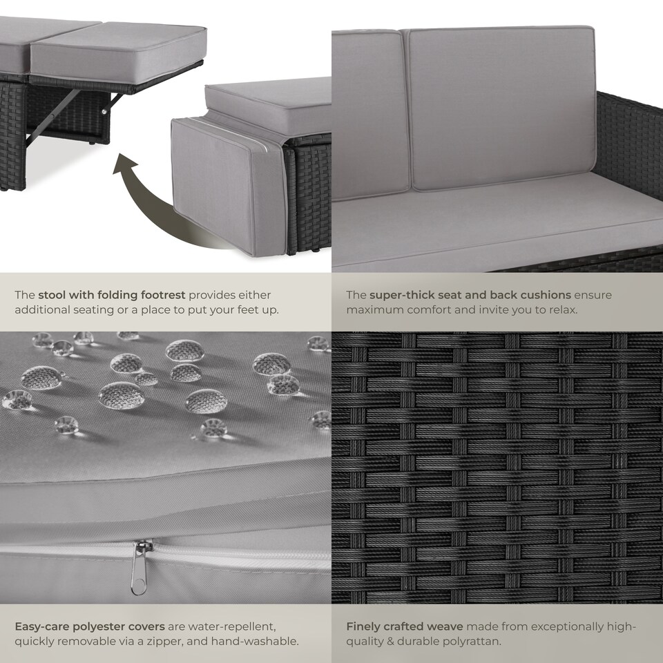 image 1 of Garden Sofa Corfu - 2 seater sofa, stool sun lounger, thick cushions | Black | black/grey | 119 x 64,50 x 71,50 cm | 1