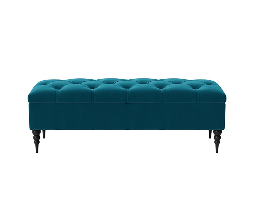 image 1 of 120cm Safar Ottoman bench with Storage and Turned Wooden Legs- Plush Velvet Shoes Bench - Emerald Green Chesterfield Storage Bench
