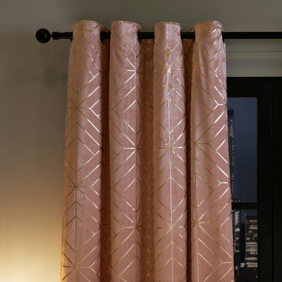 image 1 of OHS Metallic Geo Print Matte Velvet Blackout Eyelet Curtains, 46x72" - Blush Pink